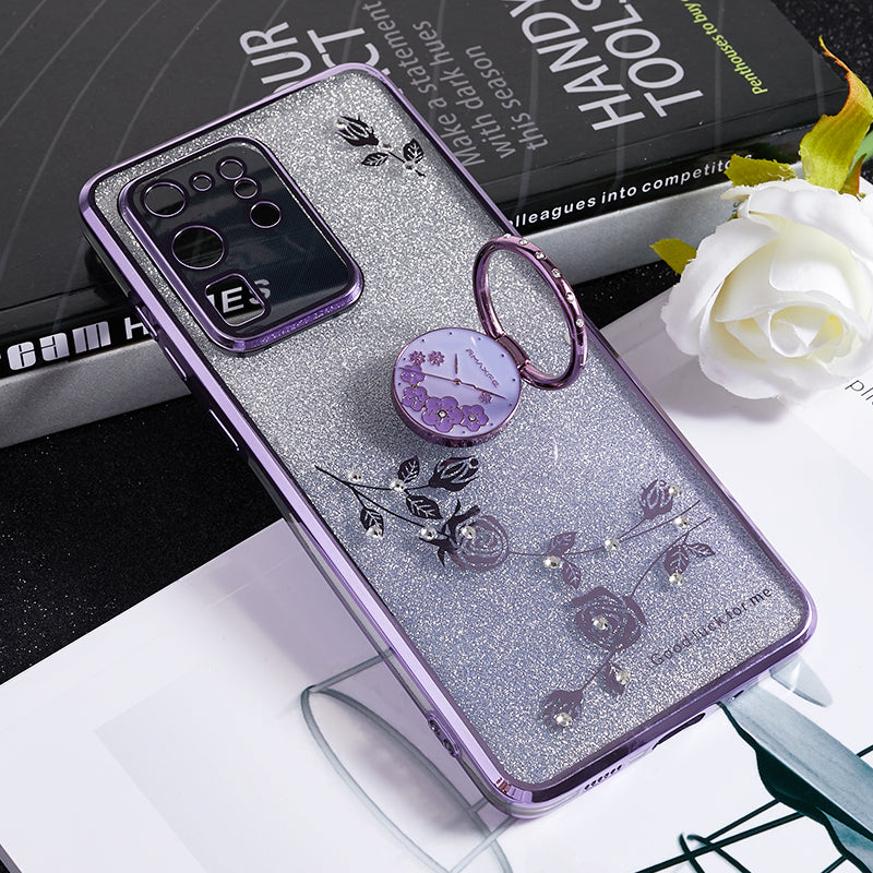 KADEM TPU Case for Samsung Galaxy S20 Ultra Gradient Glitter Rhinestone Decor Flower Pattern Phone Cover - Purple