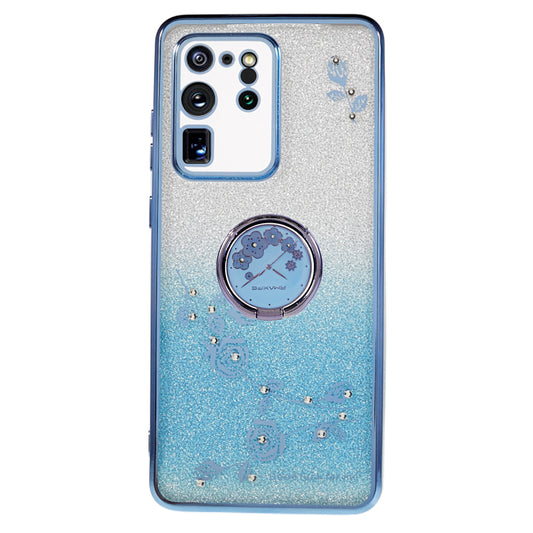 KADEM TPU Case for Samsung Galaxy S20 Ultra Gradient Glitter Rhinestone Decor Flower Pattern Phone Cover - Blue