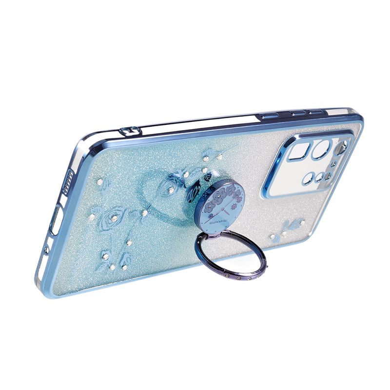 KADEM TPU Case for Samsung Galaxy S20 Ultra Gradient Glitter Rhinestone Decor Flower Pattern Phone Cover - Blue