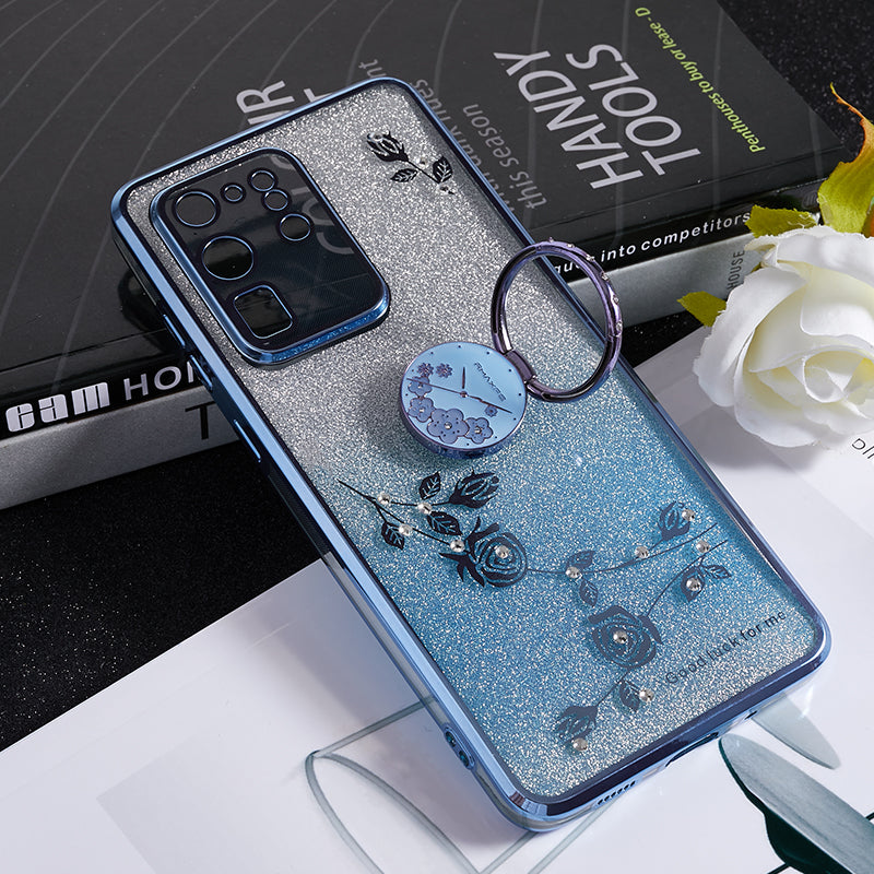 KADEM TPU Case for Samsung Galaxy S20 Ultra Gradient Glitter Rhinestone Decor Flower Pattern Phone Cover - Blue