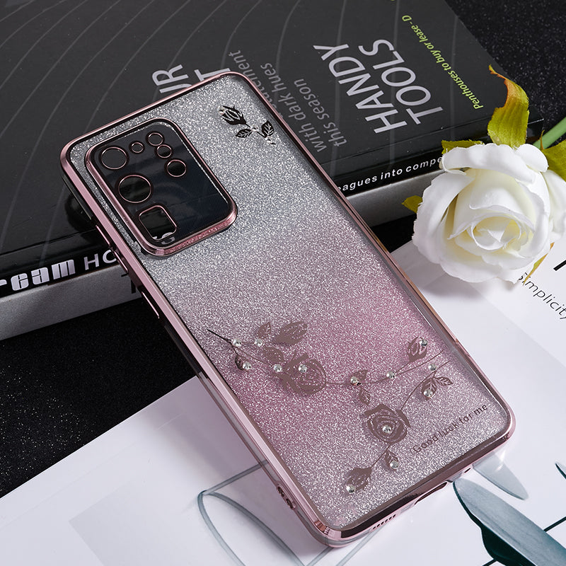 KADEM For Samsung Galaxy S20 Ultra Rhinestone Flower Pattern Soft TPU Case Gradient Glitter Phone Cover - Rose Gold