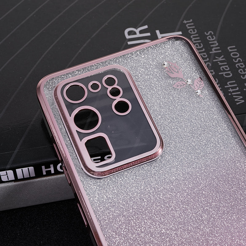 KADEM For Samsung Galaxy S20 Ultra Rhinestone Flower Pattern Soft TPU Case Gradient Glitter Phone Cover - Rose Gold