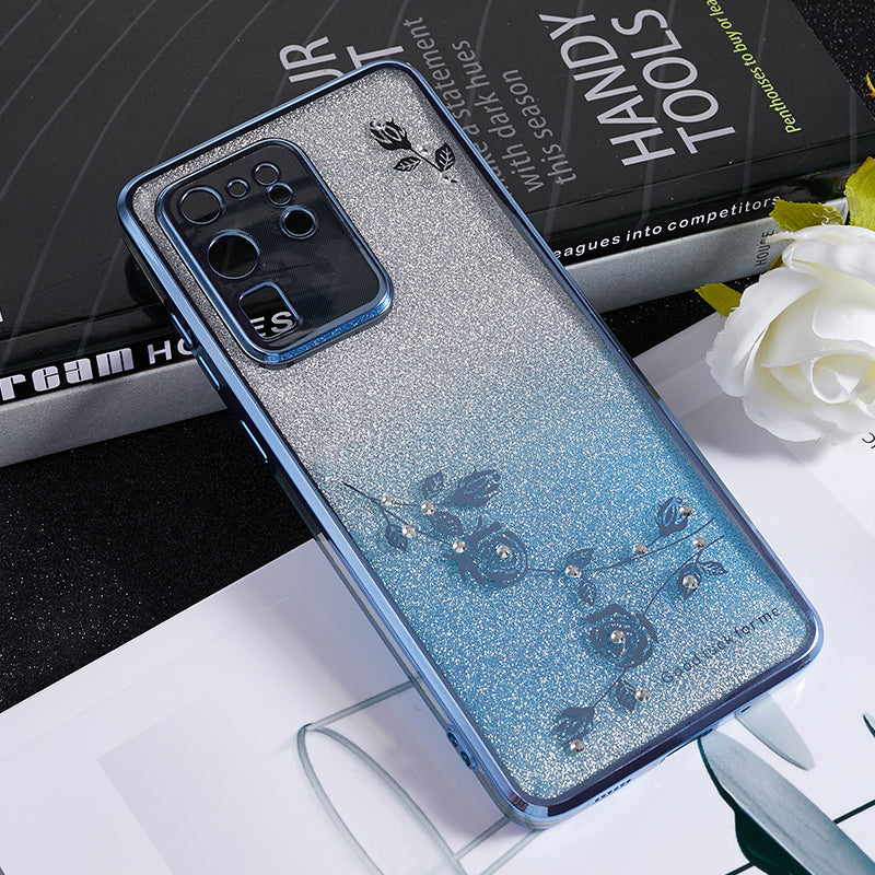 KADEM For Samsung Galaxy S20 Ultra Rhinestone Flower Pattern Soft TPU Case Gradient Glitter Phone Cover - Blue