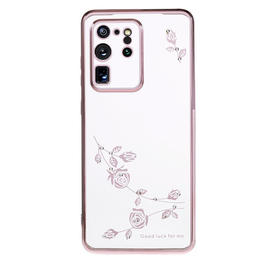 KADEM For Samsung Galaxy S20 Ultra Flower Pattern Electroplating Phone Case Rhinestone TPU Cover - Rose Gold