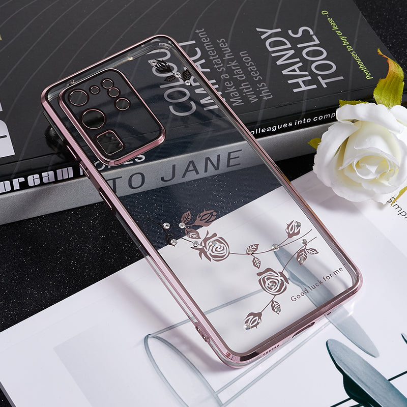 KADEM For Samsung Galaxy S20 Ultra Flower Pattern Electroplating Phone Case Rhinestone TPU Cover - Rose Gold