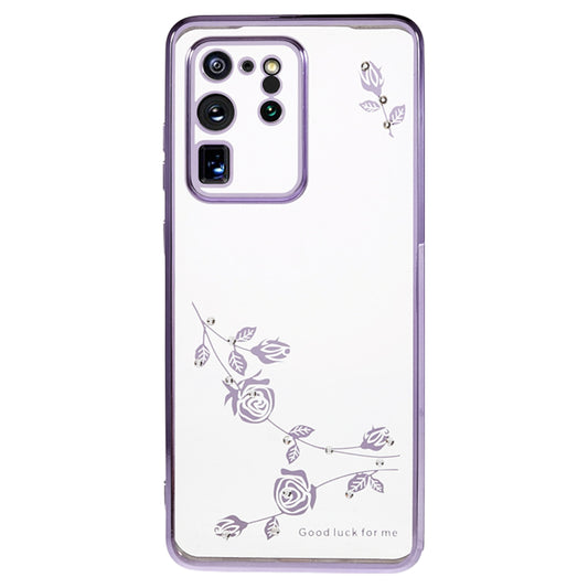 KADEM For Samsung Galaxy S20 Ultra Flower Pattern Electroplating Phone Case Rhinestone TPU Cover - Purple