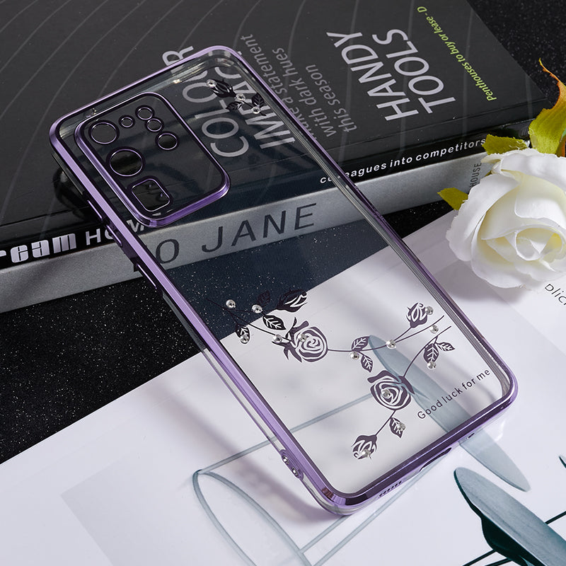 KADEM For Samsung Galaxy S20 Ultra Flower Pattern Electroplating Phone Case Rhinestone TPU Cover - Purple