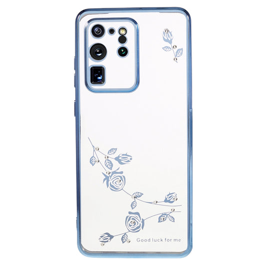 KADEM For Samsung Galaxy S20 Ultra Flower Pattern Electroplating Phone Case Rhinestone TPU Cover - Blue