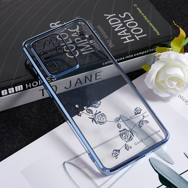 KADEM For Samsung Galaxy S20 Ultra Flower Pattern Electroplating Phone Case Rhinestone TPU Cover - Blue