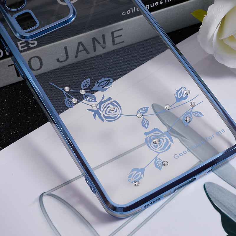 KADEM For Samsung Galaxy S20 Ultra Flower Pattern Electroplating Phone Case Rhinestone TPU Cover - Blue