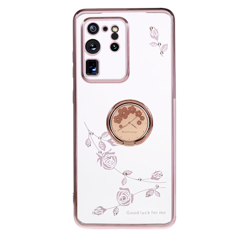 KADEM For Samsung Galaxy S20 Ultra Flower Pattern Rhinestone TPU Case Electroplating Phone Cover with Kickstand - Rose Gold