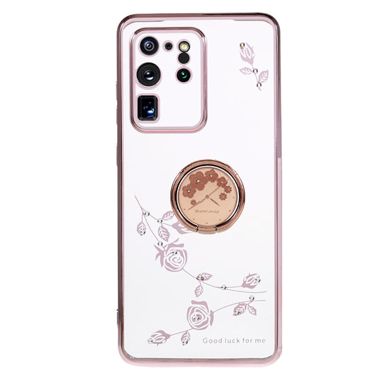 KADEM For Samsung Galaxy S20 Ultra Flower Pattern Rhinestone TPU Case Electroplating Phone Cover with Kickstand - Rose Gold