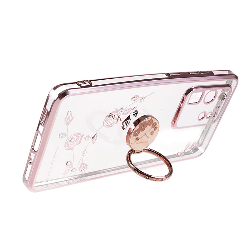 KADEM For Samsung Galaxy S20 Ultra Flower Pattern Rhinestone TPU Case Electroplating Phone Cover with Kickstand - Rose Gold