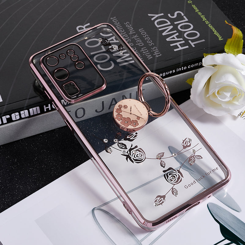KADEM For Samsung Galaxy S20 Ultra Flower Pattern Rhinestone TPU Case Electroplating Phone Cover with Kickstand - Rose Gold
