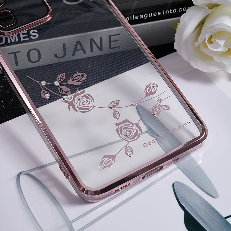 KADEM For Samsung Galaxy S20 Ultra Flower Pattern Rhinestone TPU Case Electroplating Phone Cover with Kickstand - Rose Gold