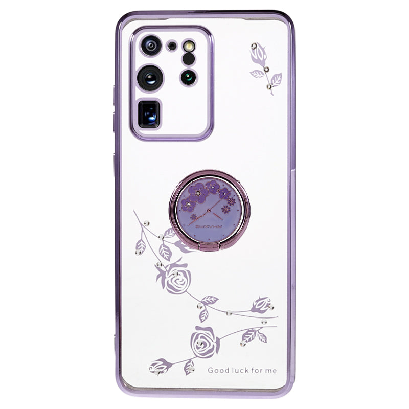 KADEM For Samsung Galaxy S20 Ultra Flower Pattern Rhinestone TPU Case Electroplating Phone Cover with Kickstand - Purple