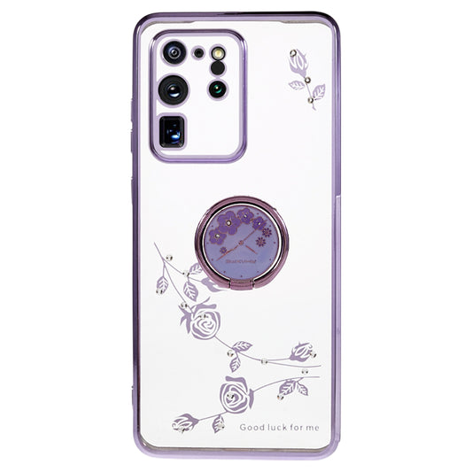 KADEM For Samsung Galaxy S20 Ultra Flower Pattern Rhinestone TPU Case Electroplating Phone Cover with Kickstand - Purple