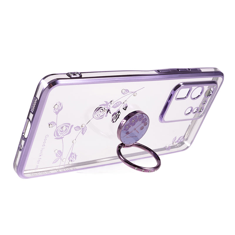 KADEM For Samsung Galaxy S20 Ultra Flower Pattern Rhinestone TPU Case Electroplating Phone Cover with Kickstand - Purple