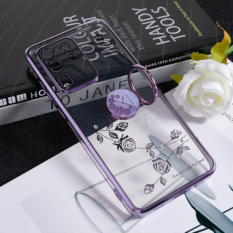 KADEM For Samsung Galaxy S20 Ultra Flower Pattern Rhinestone TPU Case Electroplating Phone Cover with Kickstand - Purple
