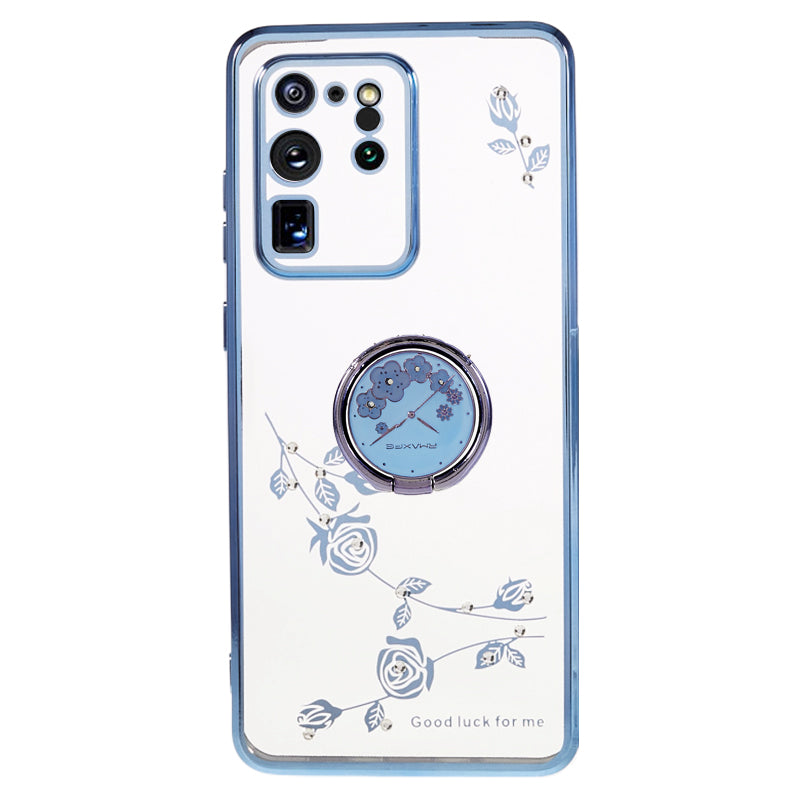 KADEM For Samsung Galaxy S20 Ultra Flower Pattern Rhinestone TPU Case Electroplating Phone Cover with Kickstand - Blue