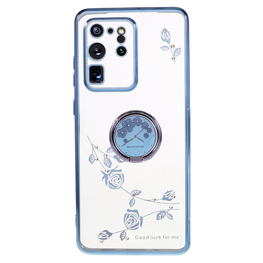KADEM For Samsung Galaxy S20 Ultra Flower Pattern Rhinestone TPU Case Electroplating Phone Cover with Kickstand - Blue