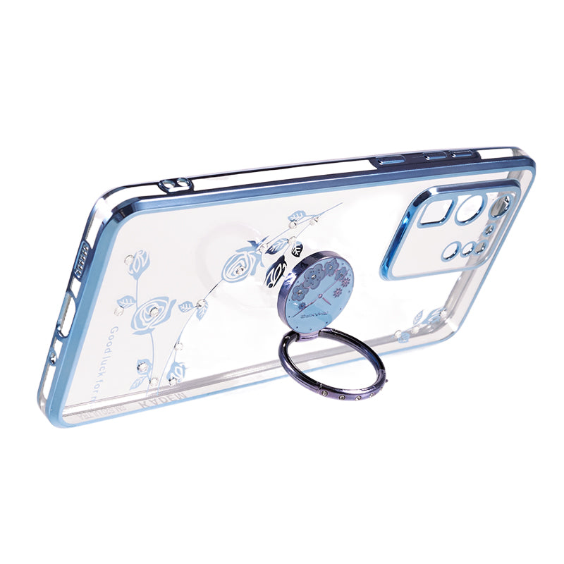 KADEM For Samsung Galaxy S20 Ultra Flower Pattern Rhinestone TPU Case Electroplating Phone Cover with Kickstand - Blue