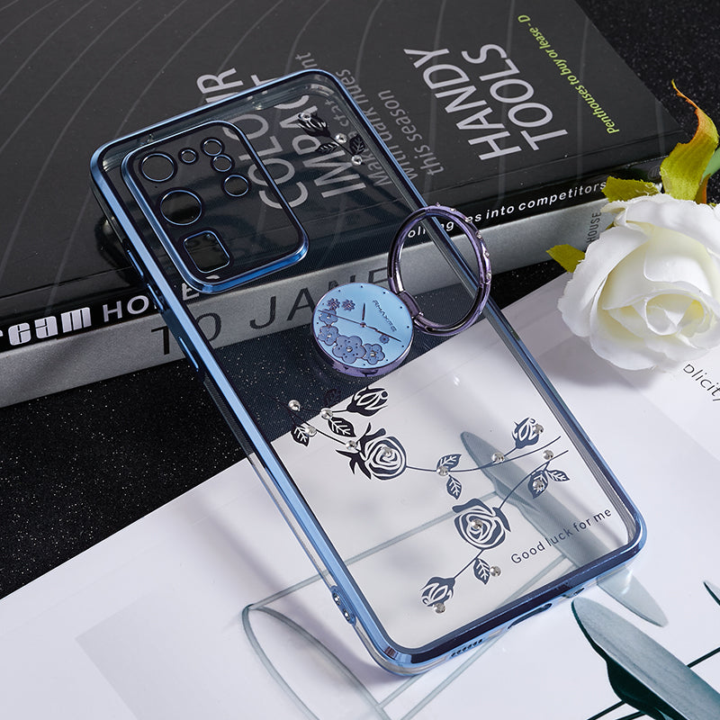 KADEM For Samsung Galaxy S20 Ultra Flower Pattern Rhinestone TPU Case Electroplating Phone Cover with Kickstand - Blue