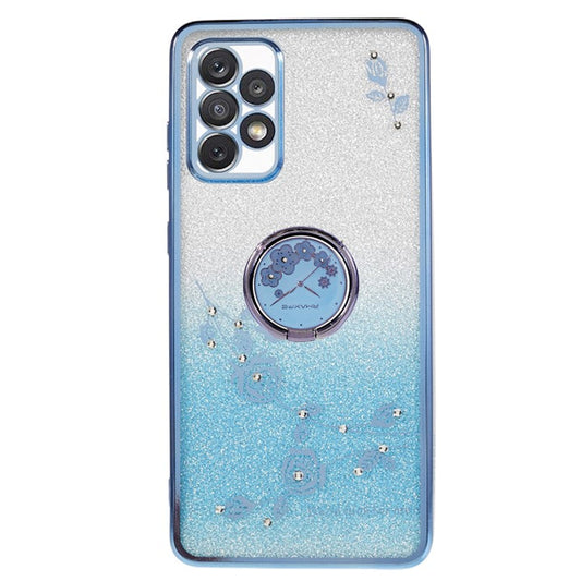 KADEM For Samsung Galaxy A72 5G / 4G Rhinestone Flower Pattern Cover Ring Kickstand Glitter Gradient TPU Phone Case - Blue