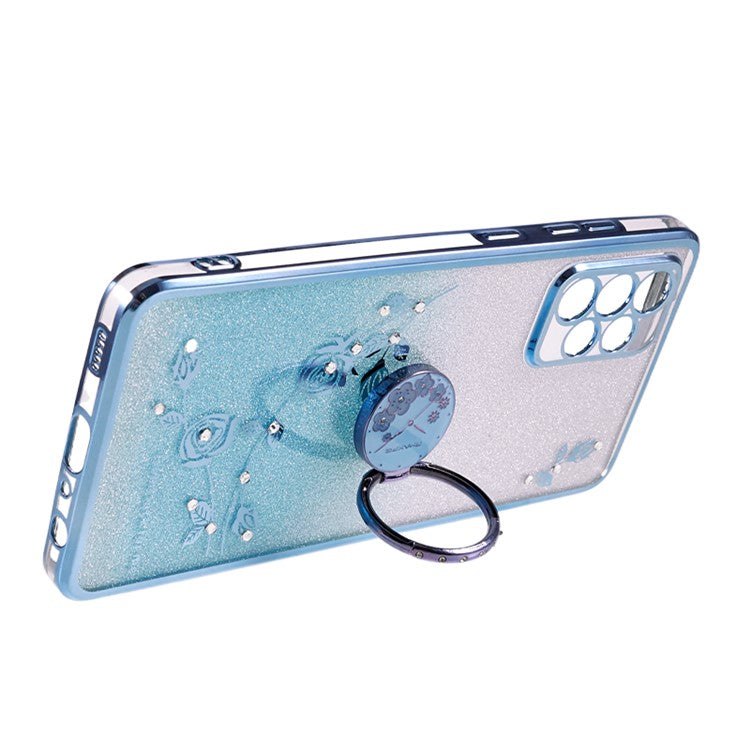 KADEM For Samsung Galaxy A72 5G / 4G Rhinestone Flower Pattern Cover Ring Kickstand Glitter Gradient TPU Phone Case - Blue