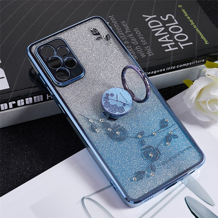 KADEM For Samsung Galaxy A72 5G / 4G Rhinestone Flower Pattern Cover Ring Kickstand Glitter Gradient TPU Phone Case - Blue