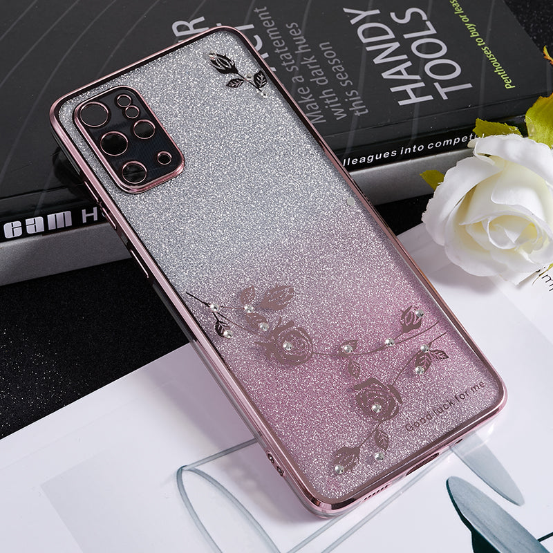 KADEM For Samsung Galaxy S20 Plus 5G / 4G Gradient Glitter TPU Case Rhinestone Flower Pattern Phone Cover - Rose Gold