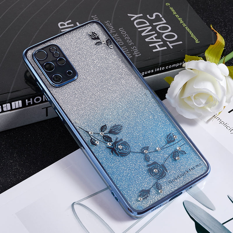 KADEM For Samsung Galaxy S20 Plus 5G / 4G Gradient Glitter TPU Case Rhinestone Flower Pattern Phone Cover - Blue