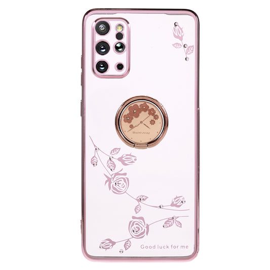KADEM For Samsung Galaxy S20 Plus 5G / 4G Flower Pattern TPU Case Rhinestone Electroplating Kickstand Phone Cover - Rose Gold