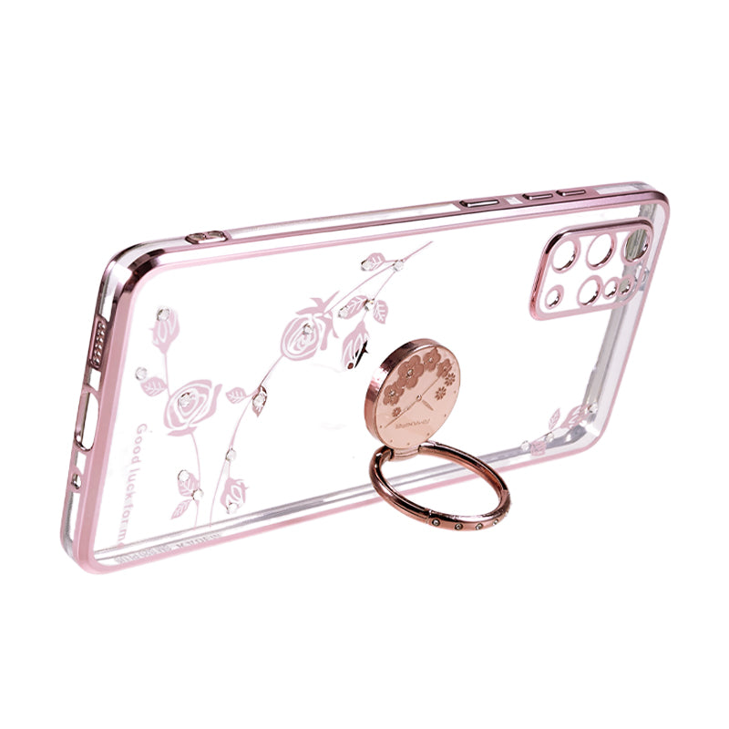 KADEM For Samsung Galaxy S20 Plus 5G / 4G Flower Pattern TPU Case Rhinestone Electroplating Kickstand Phone Cover - Rose Gold