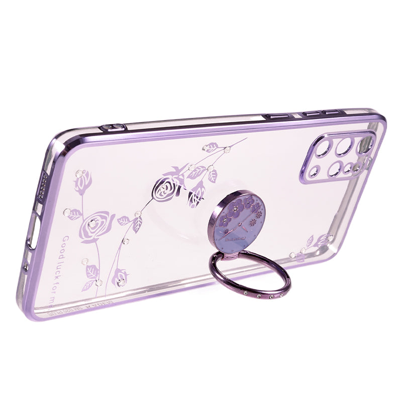 KADEM For Samsung Galaxy S20 Plus 5G / 4G Flower Pattern TPU Case Rhinestone Electroplating Kickstand Phone Cover - Purple