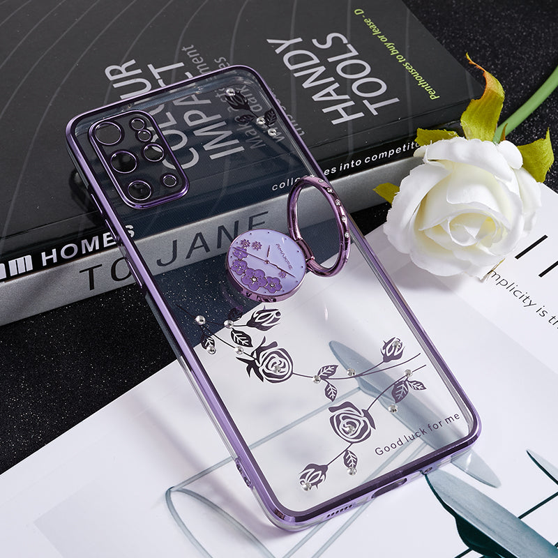 KADEM For Samsung Galaxy S20 Plus 5G / 4G Flower Pattern TPU Case Rhinestone Electroplating Kickstand Phone Cover - Purple