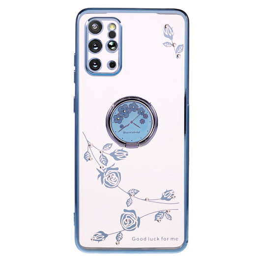 KADEM For Samsung Galaxy S20 Plus 5G / 4G Flower Pattern TPU Case Rhinestone Electroplating Kickstand Phone Cover - Blue