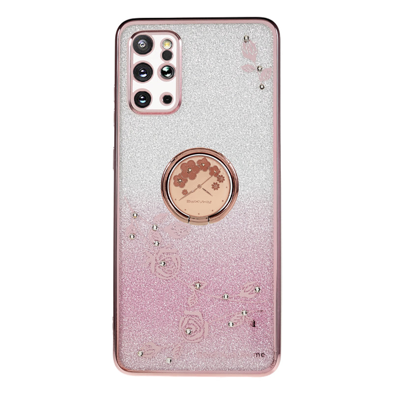 KADEM For Samsung Galaxy S20 Plus 5G / 4G TPU Phone Case Flower Pattern Glitter Gradient Rhinestone Phone Kickstand Cover - Rose Gold