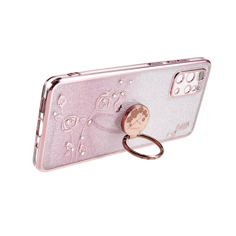KADEM For Samsung Galaxy S20 Plus 5G / 4G TPU Phone Case Flower Pattern Glitter Gradient Rhinestone Phone Kickstand Cover - Rose Gold