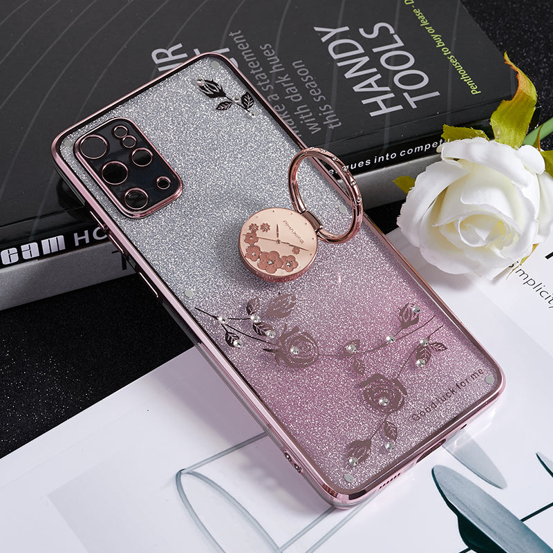KADEM For Samsung Galaxy S20 Plus 5G / 4G TPU Phone Case Flower Pattern Glitter Gradient Rhinestone Phone Kickstand Cover - Rose Gold