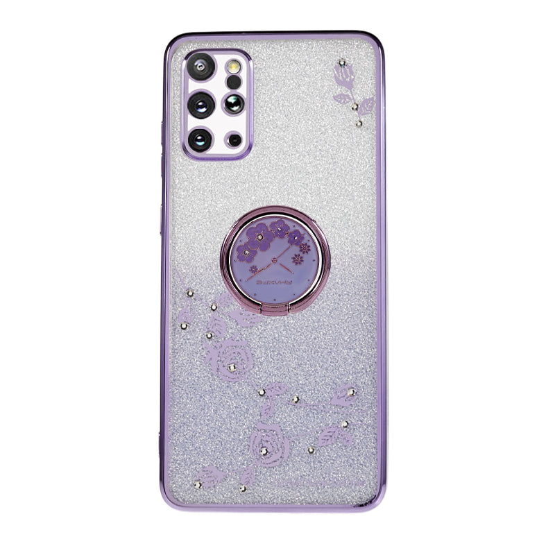 KADEM For Samsung Galaxy S20 Plus 5G / 4G TPU Phone Case Flower Pattern Glitter Gradient Rhinestone Phone Kickstand Cover - Purple