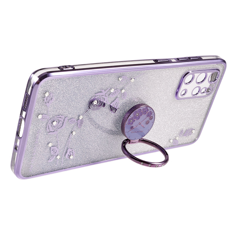 KADEM For Samsung Galaxy S20 Plus 5G / 4G TPU Phone Case Flower Pattern Glitter Gradient Rhinestone Phone Kickstand Cover - Purple