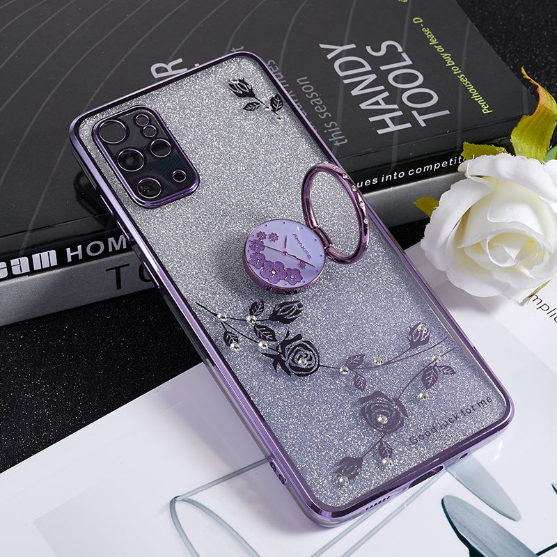 KADEM For Samsung Galaxy S20 Plus 5G / 4G TPU Phone Case Flower Pattern Glitter Gradient Rhinestone Phone Kickstand Cover - Purple