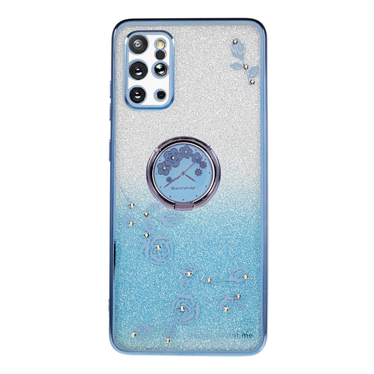 KADEM For Samsung Galaxy S20 Plus 5G / 4G TPU Phone Case Flower Pattern Glitter Gradient Rhinestone Phone Kickstand Cover - Blue
