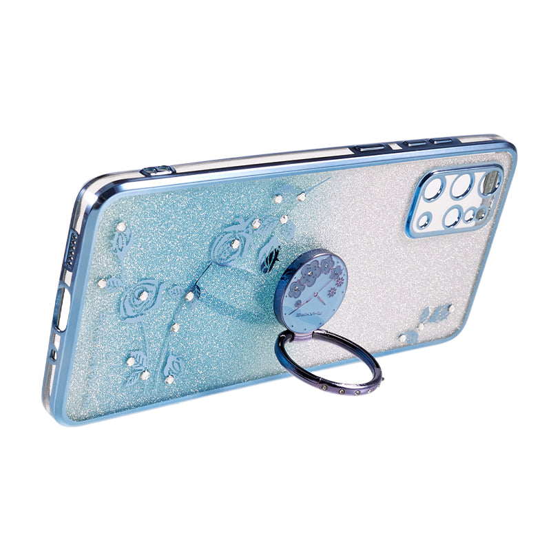 KADEM For Samsung Galaxy S20 Plus 5G / 4G TPU Phone Case Flower Pattern Glitter Gradient Rhinestone Phone Kickstand Cover - Blue