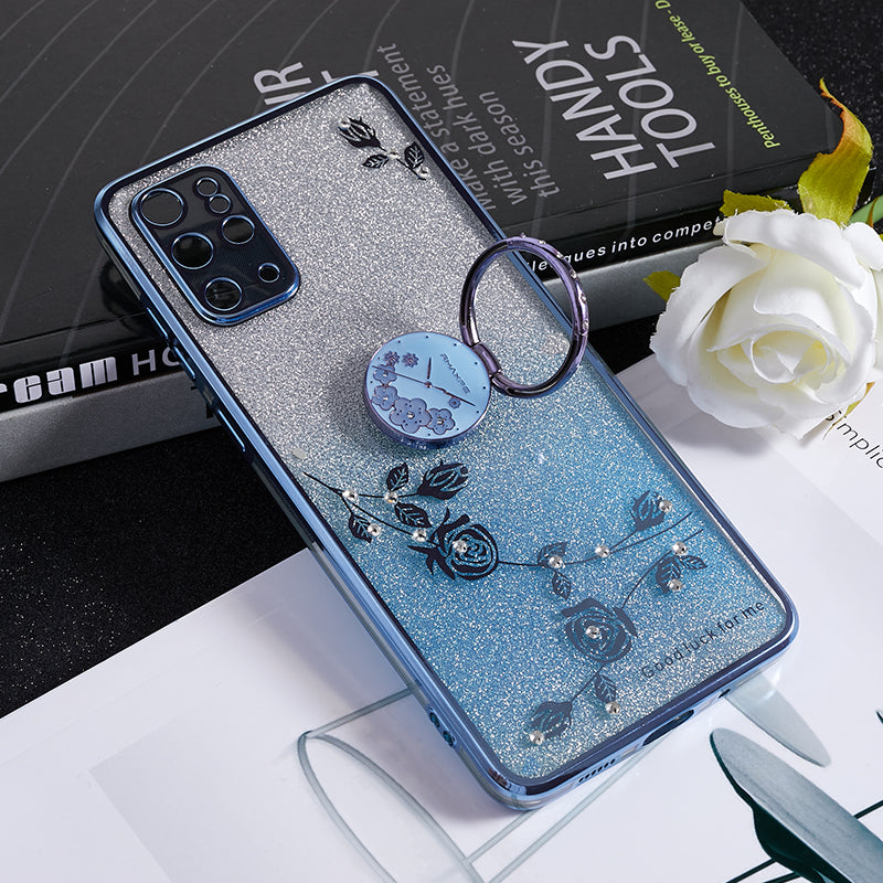 KADEM For Samsung Galaxy S20 Plus 5G / 4G TPU Phone Case Flower Pattern Glitter Gradient Rhinestone Phone Kickstand Cover - Blue
