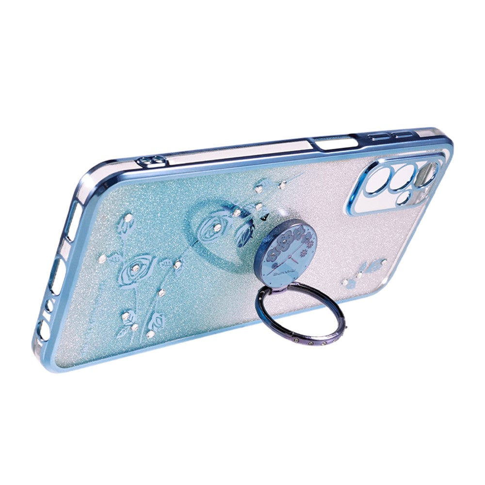 KADEM For Samsung Galaxy M13 4G / F23 5G / M23 5G Glitter Gradient TPU Phone Case Flower Rhinestone Decor Cover with Ring Kickstand - Blue