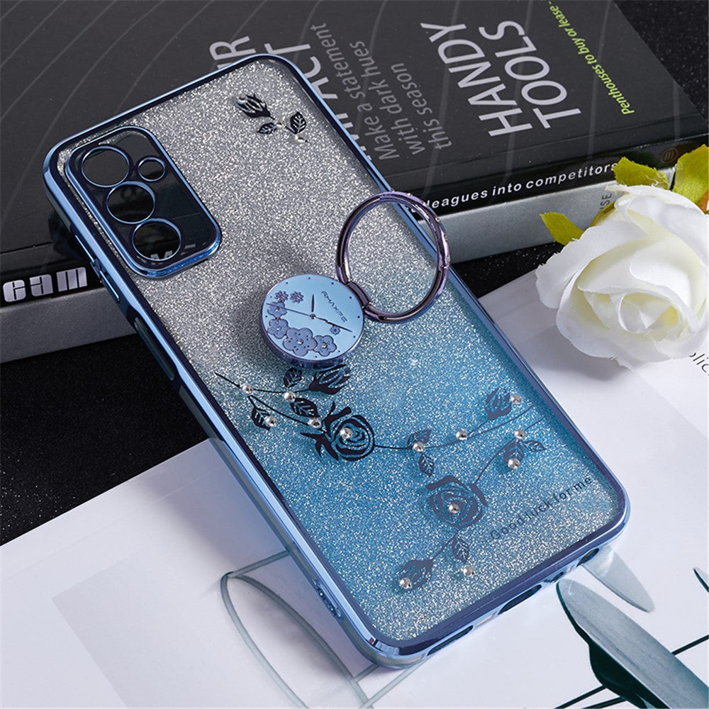 KADEM For Samsung Galaxy M13 4G / F23 5G / M23 5G Glitter Gradient TPU Phone Case Flower Rhinestone Decor Cover with Ring Kickstand - Blue