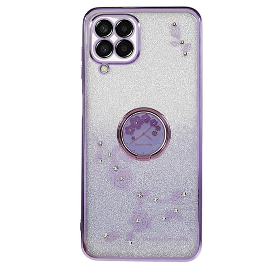 KADEM For Samsung Galaxy M33 5G (Global Version) Kickstand TPU Case Gradient Glitter Rhinestone Flower Pattern Phone Cover - Purple