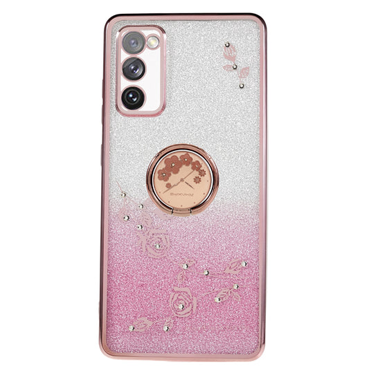 KADEM For Samsung Galaxy S20 FE / FE 5G / FE 2022 / S20 Lite Rhinestone Kickstand Phone Case Flower Pattern Gradient Glitter TPU Cover - Rose Gold